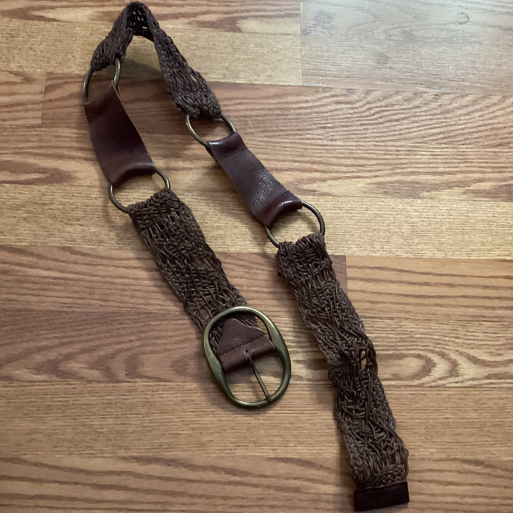 CAbi Brown Woven Leather Cord Brass Rings & Buckle Belt S